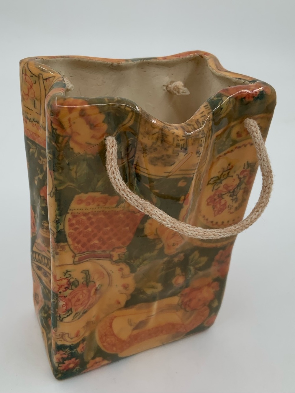 Floral Patchwork Ceramic Tote Vase with Rope Handle - Picture 1 of 6